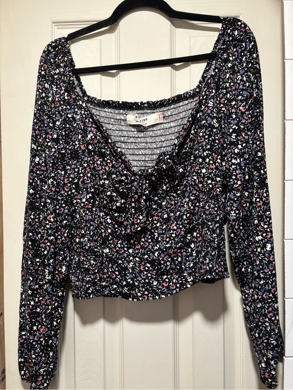 Idyllwind Black Floral Ribbed Long-Sleeve Crop Top with Pink & Blue Accents